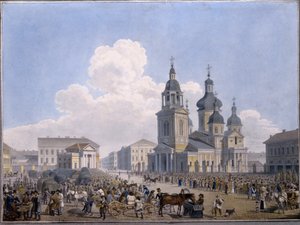 Hay-market Place och Assumption Church i Sankt Petersburg - Verk av Karl Petrovich Beggrov (1799-1875), akvarell på papper (10,3x15,1 cm), 1820-1830 - State Russi