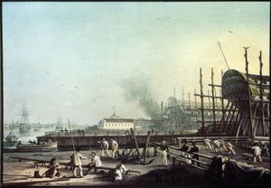 Amiralitetsvarvet i Sankt Petersburg (Saint-Petersburg). (Amiralitetets marinvarv i Sankt Petersburg). Målning av Karl Petrovich Beggrov (1799-1875). Olja på duk, rysk konst från 1800-talet. Ryska statens museum, Sankt Petersburg.