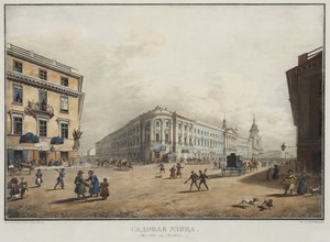 Utsikt över Sadovaya Street i Sankt Petersburg - Karl Petrovich Beggrov (1799-1875). Litografi, akvarell