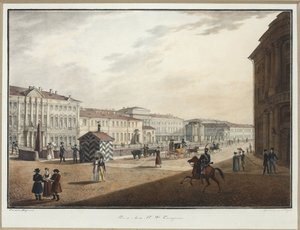Utsikt över Moika-vallen nära Polisbron - Karl Petrovich Beggrov (1799-1875). Litografi, akvarell