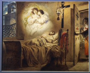 The nightmare of a nun (Nightmare of a nun). En ung sovande nunna drömmer om en amorös affär, medan moderns överordnade öppnar dörren till sin cell. Verk av Karl Pavlovich Briullov (Briullov) (1799-1852), akvarell på kartong
