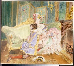 Utnämning: kyss mellan en svart man och en vit kvinna från den ryska adeln - Illustration till romanen ""The Negro of Peter the Great"" av Alexander Pushkin (1799-1837) efter Abraham Hanibals liv (Abram Petrovich Gannibal) ( 1696-1781) - O
