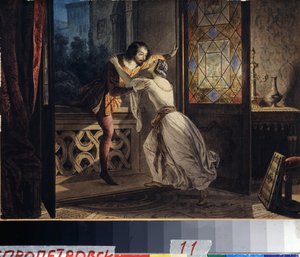 Romeo och Julia (Romeo och Julia). En man klättrar på en balkong för att hitta en kvinna på ett hemligt möte. Målning av Karl Pavlovich Briullov (Bryullov) (1799-1852). Akvarell på kartong, ca 1830, 23,2 x 31,5 cm, rysk konst av Karl Pavlovich Bryullov