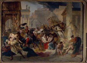 Plundring av Rom 455: Genseric (eller Geiseric) (cirka 399-477) och vandalerna invaderar Rom (Geiseric den Lame invaderar Rom). De plundrar staden och tar bort Menoran. (Menorah) Målning av Karl Pavlovich Briullov (Bryullov) (1799-1852)