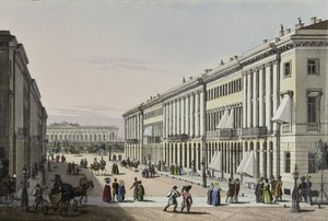 Mikhailovskaya-gatan med utsikt över Michaelpalatset i St. Petersburg, första hälften av den 19:e