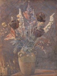 Lervas med tulpaner och andra blommor av Karl Schou