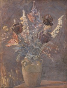 Lervas med tulpaner och andra blommor