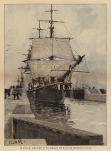 Utbildningsfartyg i slussen vid Holtenau på Kielkanalen, Tyskland (kolorerad gravyr) av Karl Storch