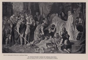 Den döende Alexander den store tar emot hyllningen av sin armé, Babylon, 323 f.Kr. (litho)