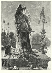 Offer av en jungfru till floden Nilen i det gamla Egypten (litho)