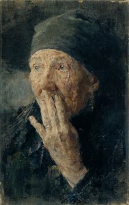 Huvudet på en gammal kvinna med handen över munnen av Karoline Kubin