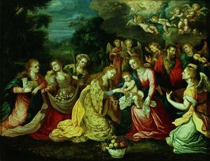 St. Catherines mystiska äktenskap av Kasper or Gaspar van den (attr. to) Hoecke
