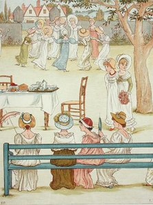 En trädgårdsfest (färg litho) av Kate (after) Greenaway