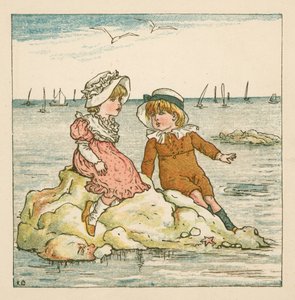 Pojke och flicka strandsatta på en sten (färg litho) av Kate (after) Greenaway