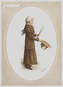 Pojke i lång brun rock, med peruk, och håller hatt och jaktpiska (färg litho) av Kate (after) Greenaway