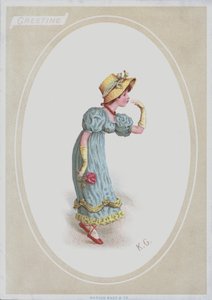 Flicka i blå klänning, med halmhuva, håller ros (färg litho) av Kate (after) Greenaway