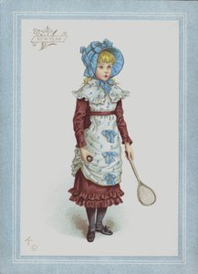 Flicka i klänning och huva, håller fjäderboll och racket (färg litho) av Kate (after) Greenaway