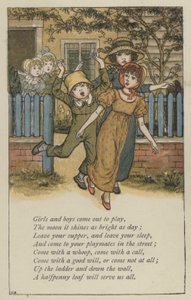 Flickor och pojkar kommer ut för att leka (färg litho) av Kate (after) Greenaway