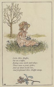 Little Miss Muffet (färg litho) av Kate (after) Greenaway