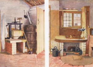 Kökspumpen och den gamla ostpressen, Rolleston (färglitografi) av Kate (after) Greenaway