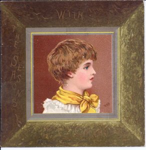 Ett viktorianskt nyårskort av en flicka i regentskapskläder som bär en blå keps, c.1880 av Kate Greenaway