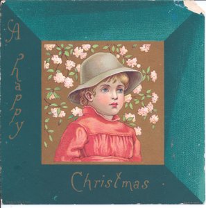 Ett viktorianskt nyårskort av en flicka i regentskapskläder som bär ett halsband av blå pärlor, ca 1880 av Kate Greenaway