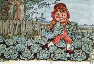 En tomte stjäl kål från en grönsaksträdgård. (En troll stjäl kål). Illustration av Kate Greenaway (1846-1901) från boken med sagor och barnvisor för barn "" Under The Window" (1879), redigerad av Edmund Evans.