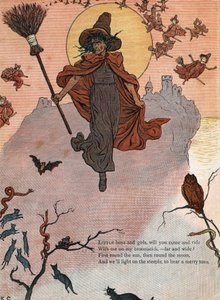 En häxa och hennes kvast omgiven av svarta katter, fladdermus och uggla. (Små pojkar och flickor, kommer ni och rider med mig på mitt kvastskaft?) ) Illustration av Kate Greenaway (1846-1901) från boken med sagor och barnvisor för barn "" Under The Window" av Kate Greenaway
