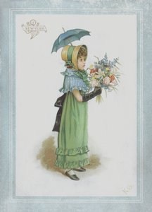 Flicka i grön klänning, håller parasoll och en bukett blommor av Kate Greenaway