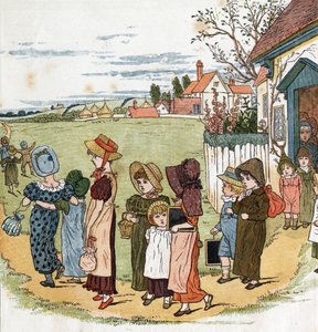 Ute från skolan. Illustration av Kate Greenaway (1846-1901) från boken med sagor och barnvisor för barn "" Under The Window" (1879), redigerad av Edmund Evans.