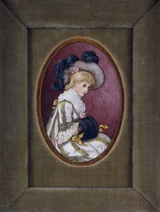 Ovalt porträtt av en blond tjej som bär en plymerad hatt med händerna inuti sin muff av Kate Greenaway