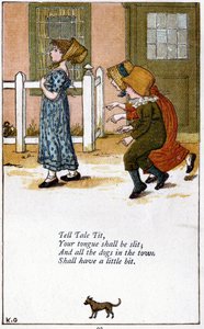 Berättande mes/ Din tunga ska skäras av: Illustration av Kate Greenaway (1846-1901) till en bok med barnrim. Kromolitografi av Kate Greenaway