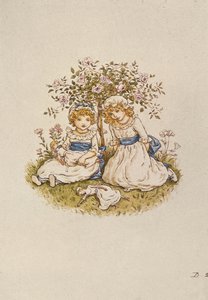 Två flickor med dockor som sitter under en rosenbuske, 1800-talet av Kate Greenaway