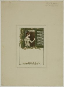 Kvinna vid spröjsat fönster av Kate Greenaway