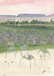 Akvarellillustration av en trädgård i Paris