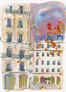 Ett gathörn i Paris med lila himmel