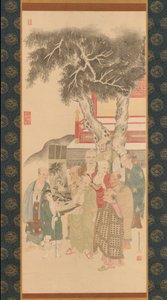 Ten Rakan undersöker en målning av vitklädda Kannon, 1792. av Kato Nobukiyo