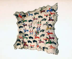 Älgskinn av North American Shoshone Indian, som visar buffeljakten, 1900-talet av Katsikodi