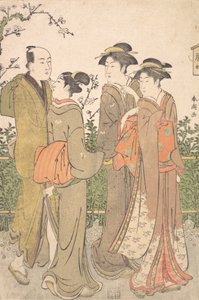 En grupp av tre kvinnor åtföljda av en tjänare, 1780-1795. av Katsukawa Shuncho