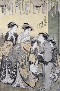 Courtesane Nishikido fra Chojiya tehus omgivet af sine damer, slutningen af 1700-tallet, Ukiyo-e kunsttryk, af Katsukawa Shuncho (aktiv 1780-1800), Oban-tate-e træsnit, 37x26 cm, japansk civilisation, Detailswed