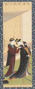 Interiör: en kvinna som hjälper en flicka att klä sig, Edo-perioden, 1726-1792.