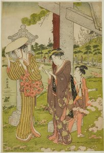 Plocka blommor vid Kumano Junisha Shrine i Tsunohazu av Katsukawa Shuncho