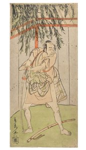 Skådespelare i karaktär (man) lutad på draget svärd med skida på marken, ca 1768-1770 (träblocktryck på papper)