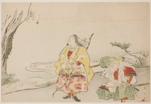Kejsarinnan Jingu (till vänster) och hennes minister Takenouchi no Sukune (till höger) av Katsukawa Shun