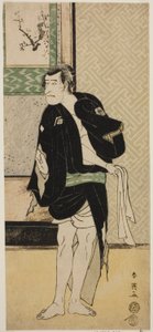 Skådespelaren Ichikawa Komazo II som Soga no Dozaburo förklädd till ruffianen Tobei () i pjäsen Haru no Nishi Date-zome Soga (), uppförd på Nakamura-teatern () under den första månaden 1790 () av Katsukawa Shunei
