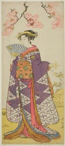 Skådespelaren Ichikawa Komazo II som Lady Shiragikus ande i pjäsen Hatsu Midori Saiwai Soga, uppförd på Kawarazaki-teatern under den tredje månaden 1791 av Katsukawa Shun