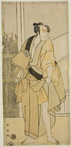 Skådespelaren Ichikawa Monnosuke II som Hiranoya Tokubei () i pjäsen Waka Murasaki Edokko Soga (), uppförd på Ichimura-teatern () under den tredje månaden 1792 () av Katsukawa Shun