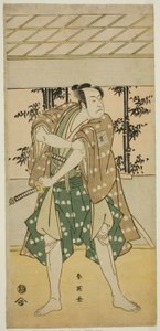 Skådespelaren Ichikawa Omezo I som båtföraren Takihei () i pjäsen Ofunamori Ebi no Kaomise (), uppförd på Kawarazaki Theater () i den elfte månaden 1792 () av Katsukawa Shun