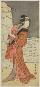 Skådespelaren Iwai Hanshiro IV som Yaegushi no Oroku () i pjäsen Keisei Kogane no Hakarime (), uppförd på Kawarazaki Theater () under den tredje månaden 1792 () av Katsukawa Shun
