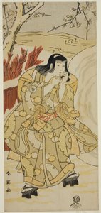 Skådespelaren Iwai Hanshiro IV som en pojke som blåser på sina händer bredvid en stor snöboll, i pjäsen Nigiwai Genji Hana Saku Kado, uppförd på Kawarazaki Theater i den elfte månaden 1793 av Katsukawa Shun